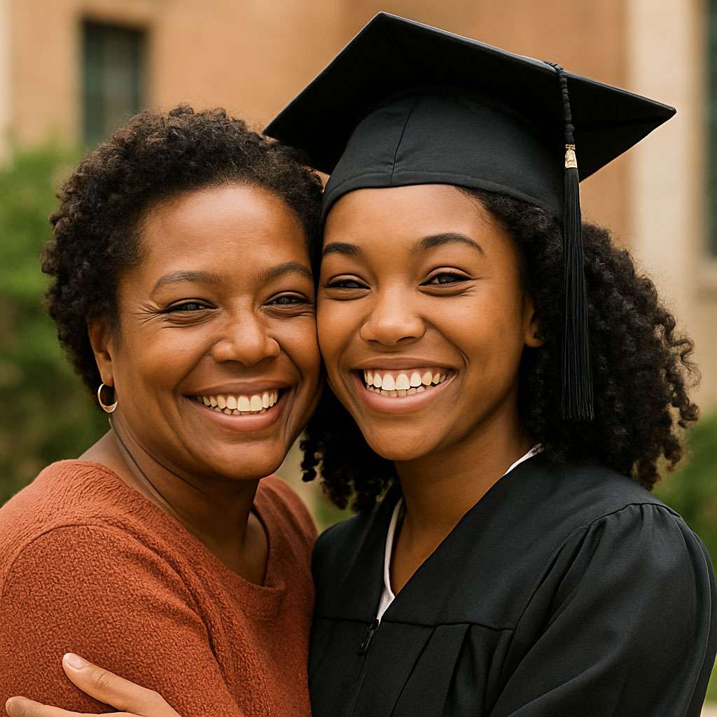 Anchor Scholar embraces her mother in a hug